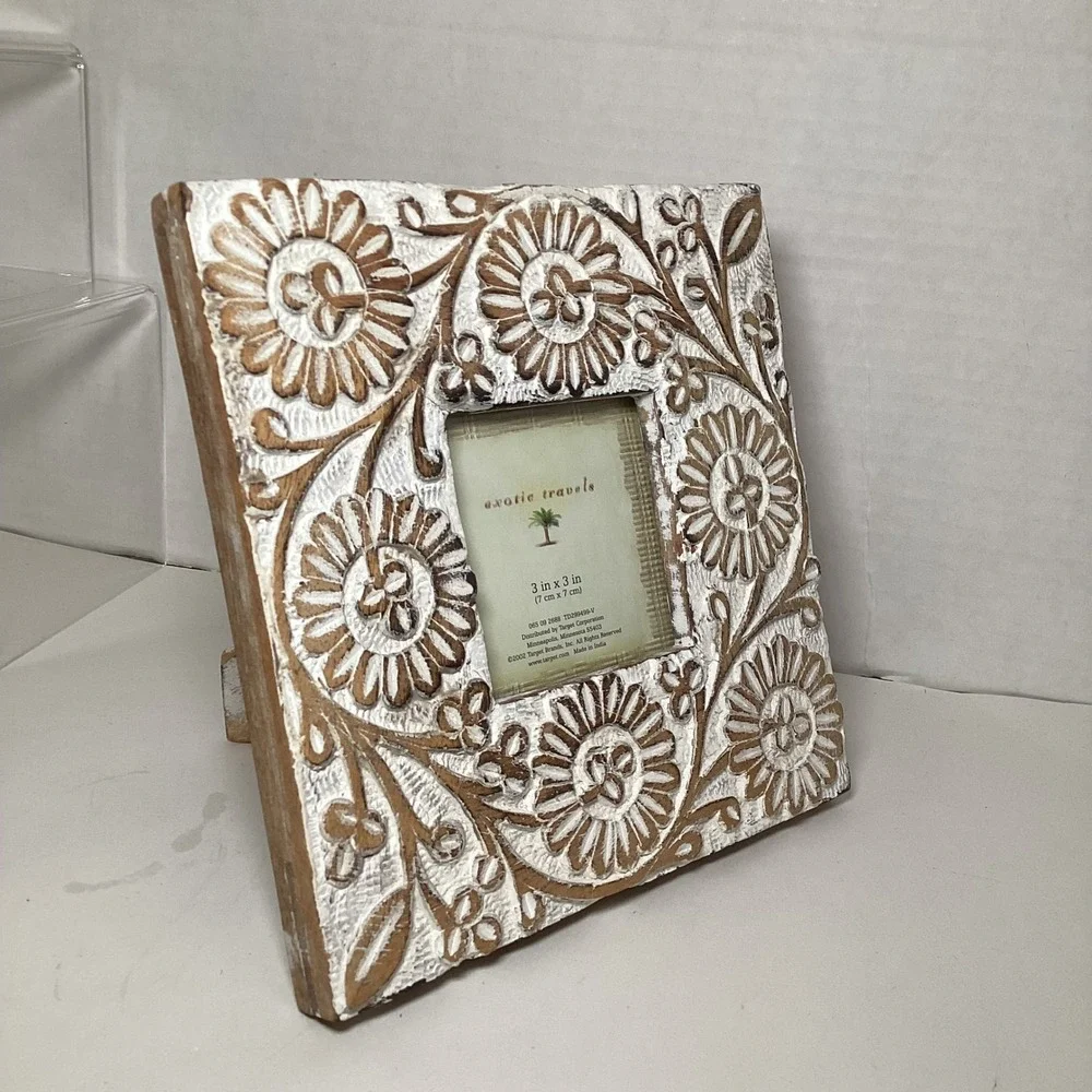 Target Exotic Travels Hand Carved Wood Floral 3x3 Picture Frame White Wash